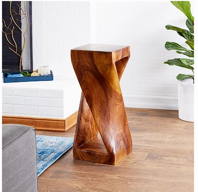 BROWN SUAR WOOD HANDMADE ACCENT TABLE WITH SPIRAL BASE, 12" X 12" X 30"