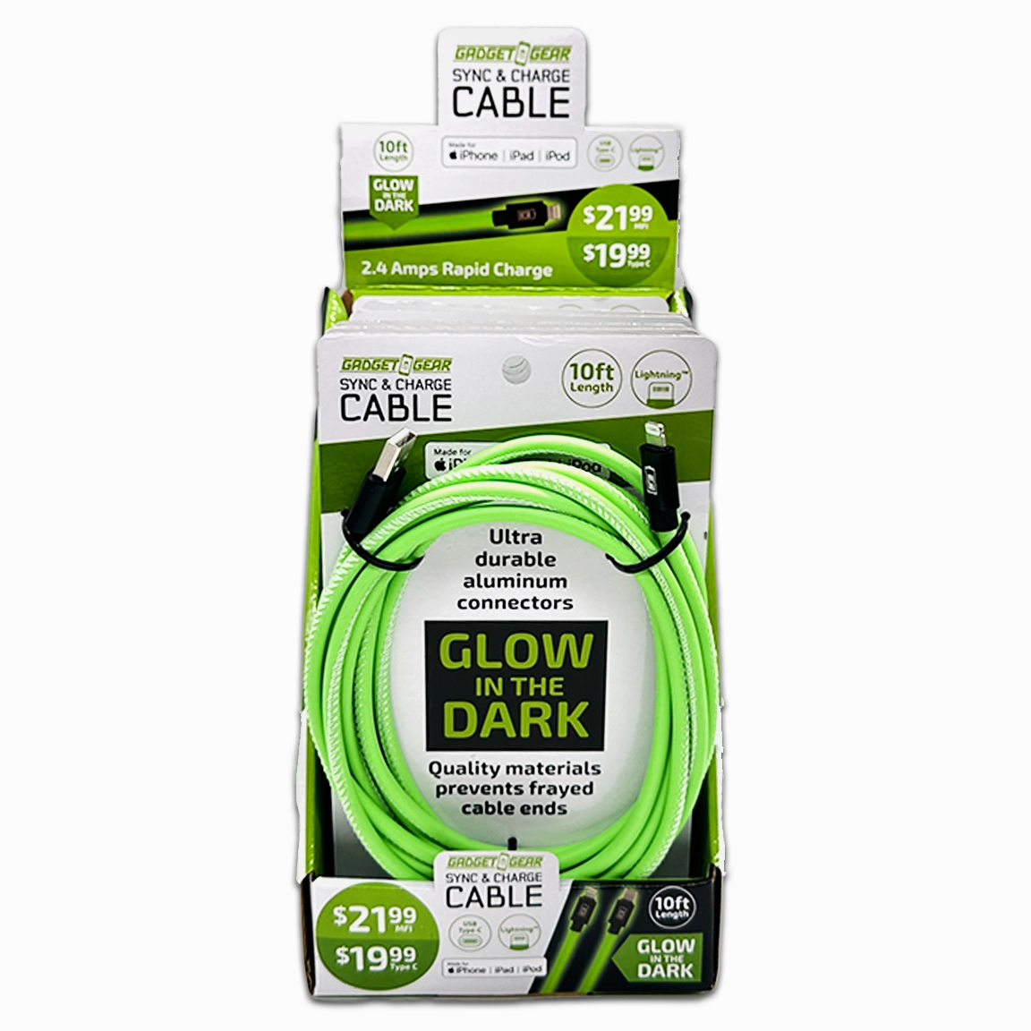 Charging Cable Glow in The Dark Assortment 10FT - 6 Pieces Per Retail Ready Display 88498