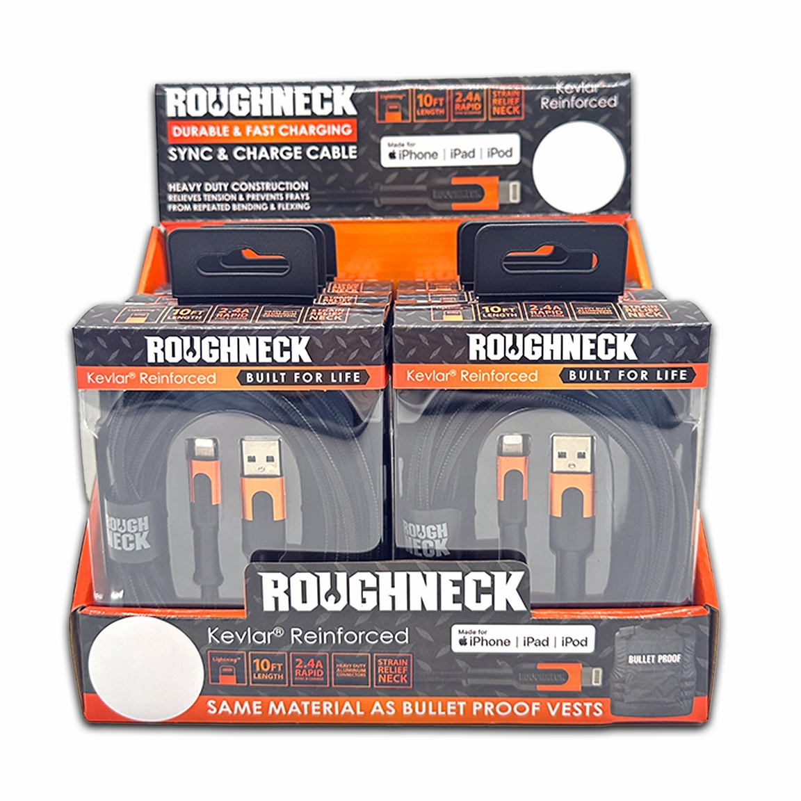 Charging Cable Roughneck Soft Cloth USB to Lightning 10FT 2.4 Amp - 6 Pieces Per Retail Ready Display 41594D