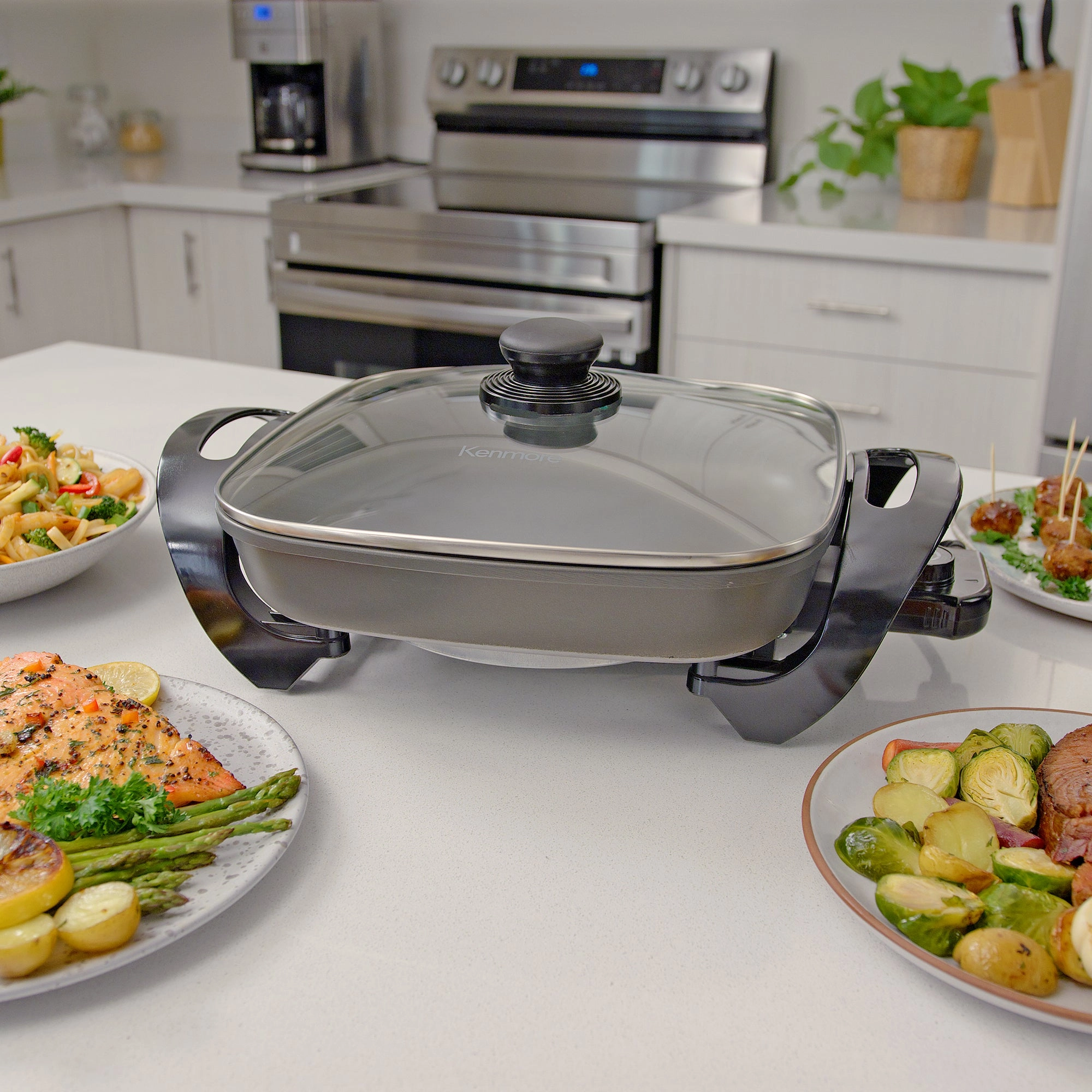 Kenmore Non-Stick Electric Skillet with Tempered Glass Lid, Black and Grey, Deep-Dish Frying Pan, 12" x 12" Cooking Surface, Vented Lid, One-Pot Cooking, Grill, Saute, Stir-Fry, Stew