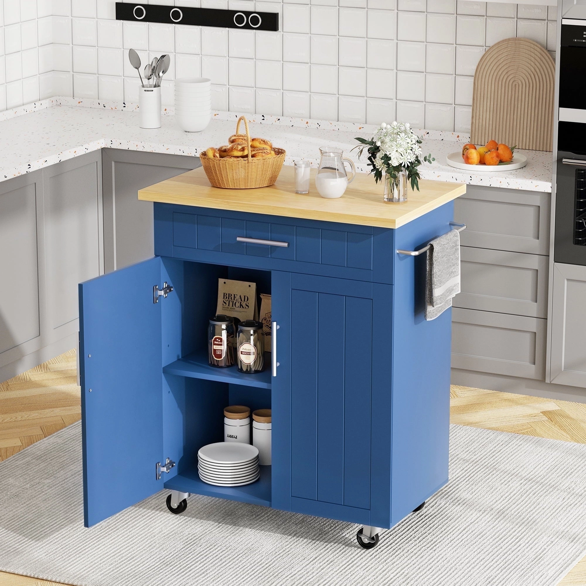 Walsunny SHX828-BLU Kitchen Island Table Stand with Storage on Wheels, Rolling Kitchen Cart with Drawer, Blue